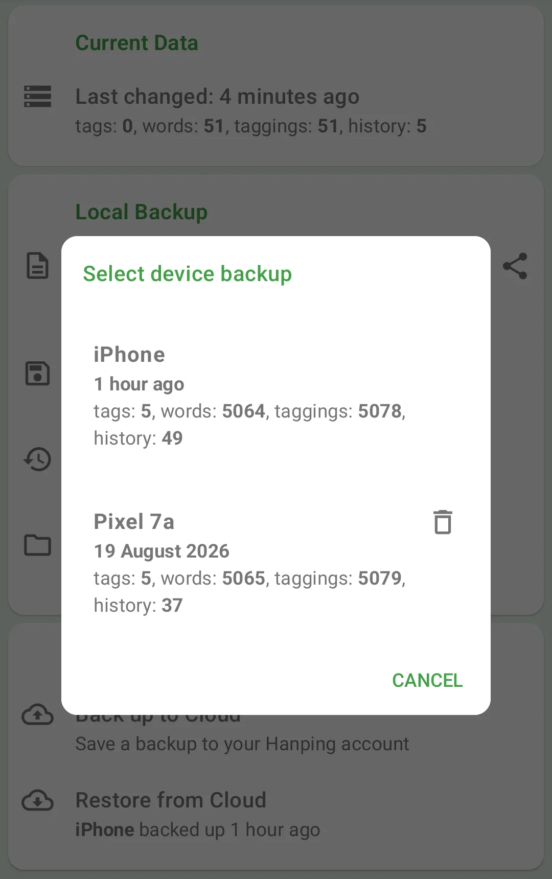 Select device backup dialog listing an iPhone and a Pixel 7a backup with dates and counts